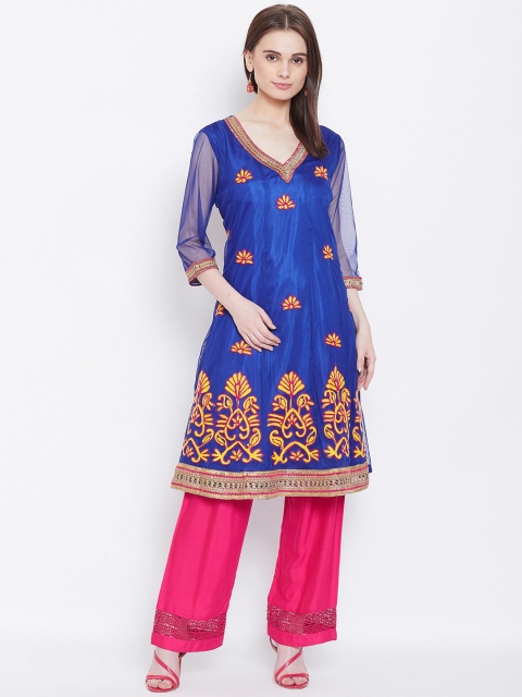 AASK Women Royal Blue & Yellow Embroidered A-Line Knee-Length Kurta