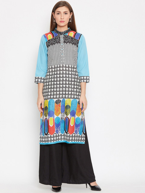 

AASK Women Turquoise Blue & Black Printed Knee-Length Pure Cotton Kurta