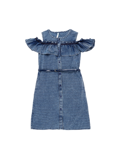 

Pantaloons Junior Girls Blue Checked Denim A-Line Dress