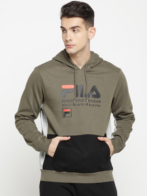 

FILA Men Olive Green & Black Colourblocked Hooded Sweatshirt