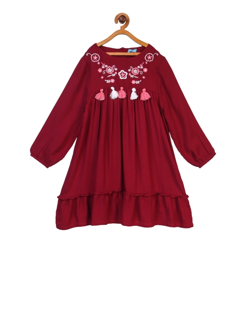 

Miyo Girls Maroon Embroidered A-Line Dress