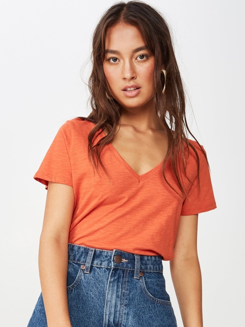 

COTTON ON Women Orange Solid V-Neck T-shirt