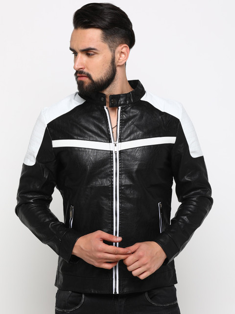 

SHOWOFF Men Black & White Colourblocked Leather Jacket
