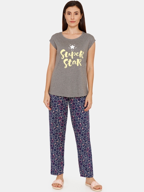 

Zivame Women Grey & Navy Blue Printed Night Suit