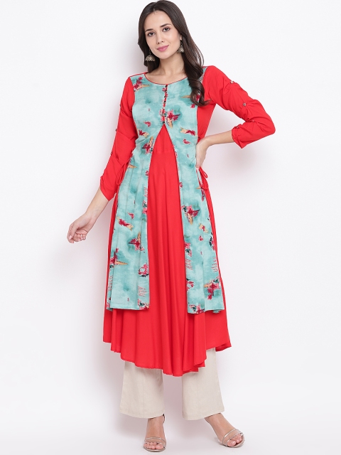 Vastrachowk Women Red & Turquoise Blue Printed A-Line Kurta