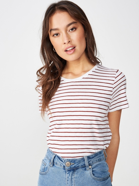 

COTTON ON Women White Striped Round Neck T-shirt