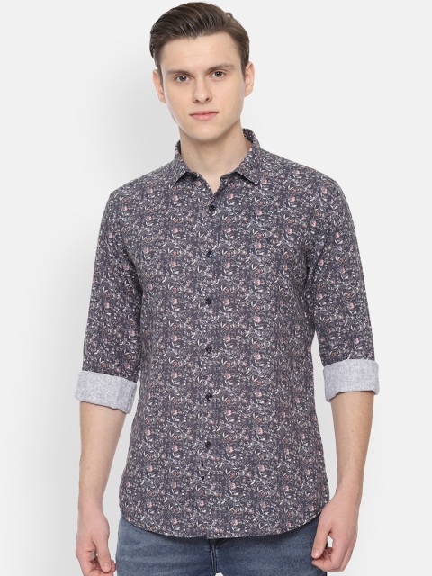 

V Dot Men Grey & Off-White Printed Slim Fit Casual Shirt