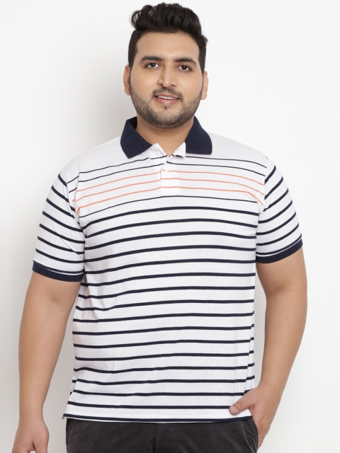 

John Pride Plus Size Men White Navy Blue Striped Polo Collar T-shirt