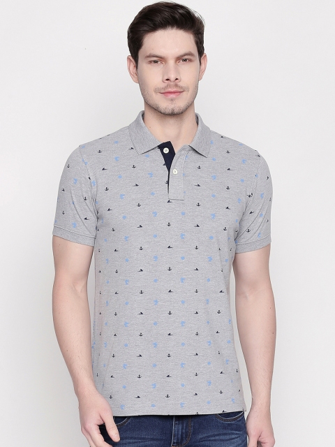 

Basics Men Grey Printed Polo Collar Slim Fit T-shirt