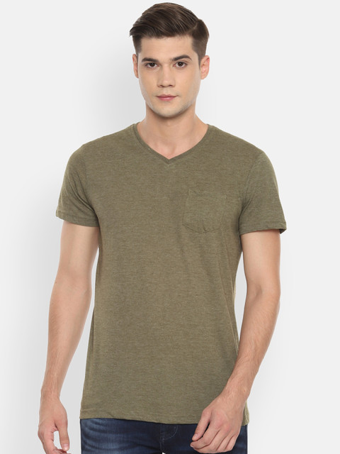 

People Men Olive Green Solid V-Neck T-shirt
