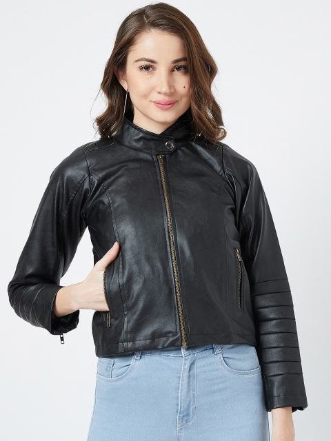 

The Dry State Women Black Solid Leather Jacket
