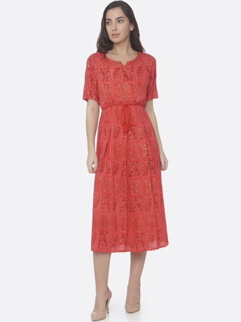 RAISIN Women Coral Red Printed A-Line Dress
