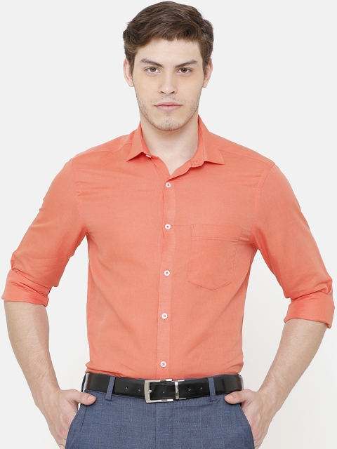 

CAVALLO by Linen Club Men Coral Orange Regular Fit Solid Linen Formal Shirt