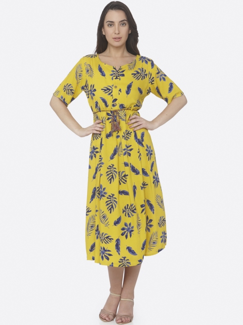 

RAISIN Women Yellow Printed Empire Dress