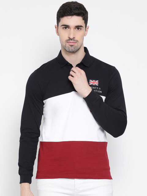 

METTLE Men Navy Blue & White Colourblocked Polo Collar T-shirt