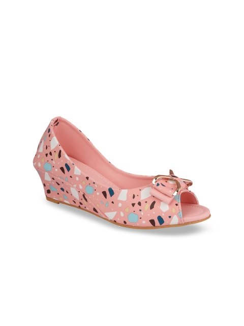 

Shoetopia Women Pink & Navy Blue Printed Peep Toe Wedges