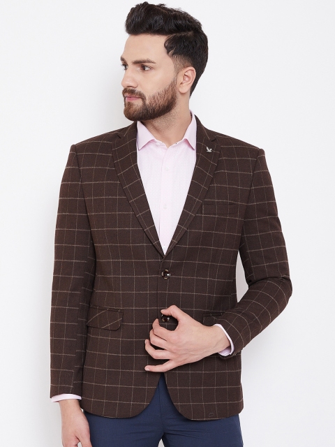 

Canary London Men Brown Checked Single-Breasted Slim-Fit Blazer
