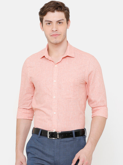 

CAVALLO by Linen Club Men Cotton Linen Peach-Coloured Regular Fit Checked Formal Shirt