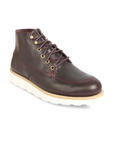 

Clarks Men Burgundy Solid Leather Mid-Top Flat Boots