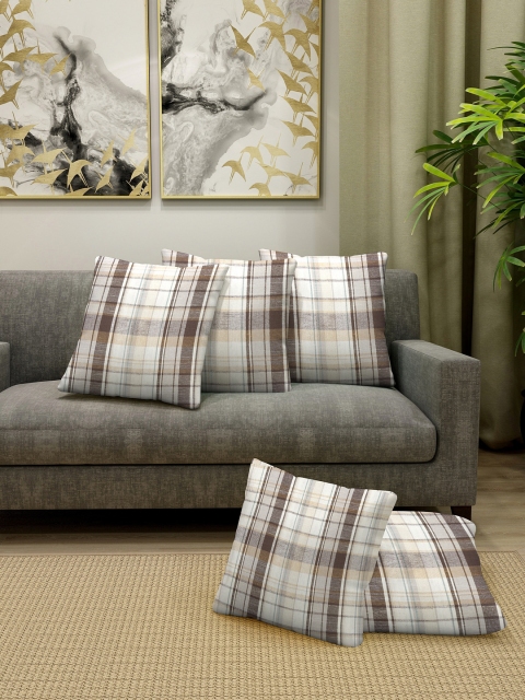 

KLOTTHE Brown & Off-White Set of 5 Checked Square Cushion Covers