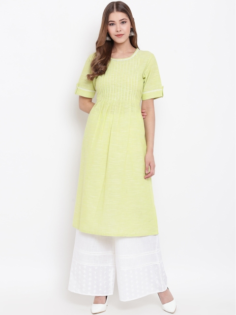 

Shakumbhari Women Green Striped Straight Kurta