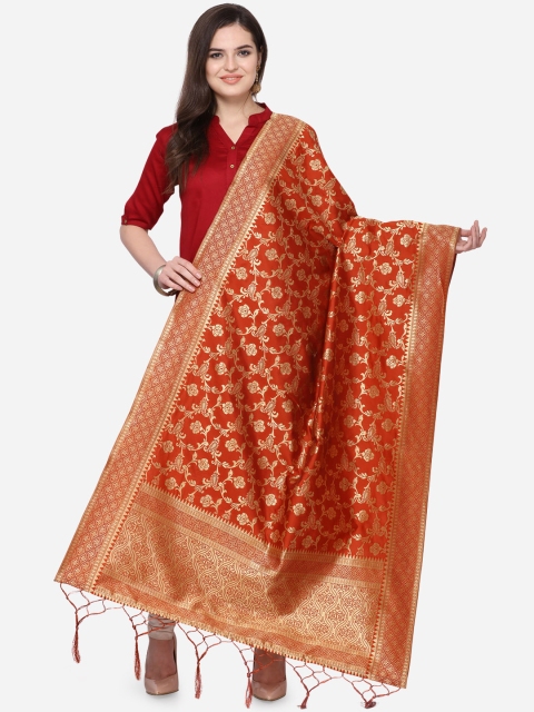 

Satrani Orange & Gold-Toned Jacquard Banarasi Woven Design Dupatta