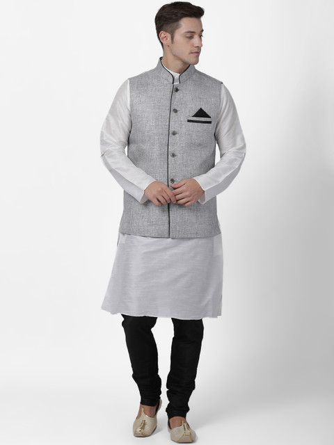 

TABARD Men Silver-Toned & White Solid Kurta with Churidar
