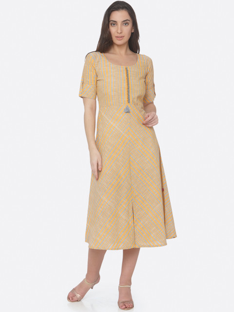 

RAISIN Women Yellow & Grey Striped Handloom Fit and Flare Ethnic Dress