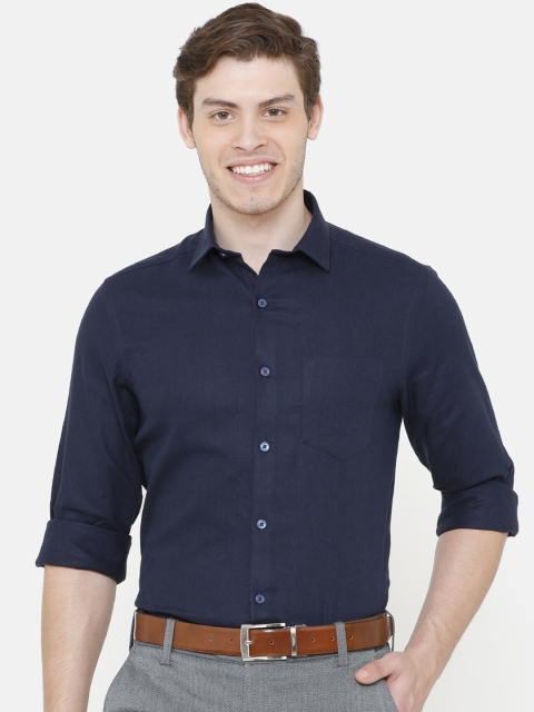 

CAVALLO by Linen Club Men Navy Blue Regular Fit Solid Formal Linen Shirt