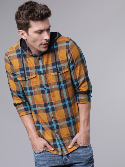 

Ecko Unltd Men Mustard Yellow & Blue Slim Fit Yarn Dyed Hooded Checked Casual Shirt