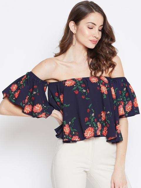 

Berrylush Women Navy Blue & Red Printed Bardot Top