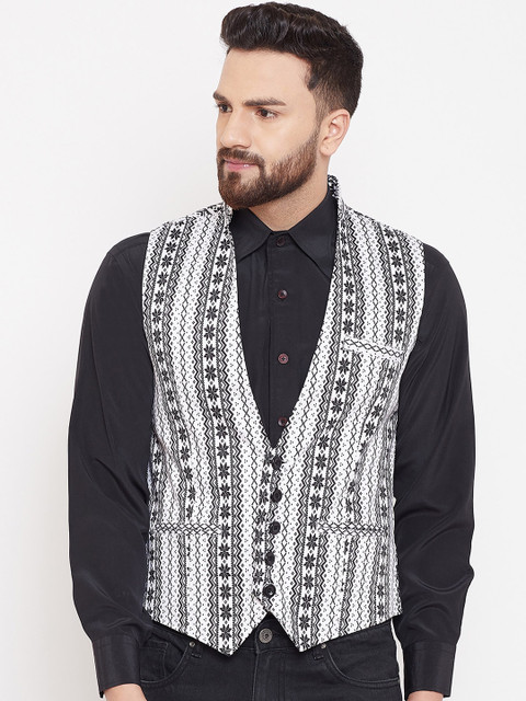 

even Men Black & White Printed Woven Waistcoat