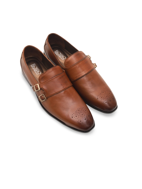 

Rosso Brunello Men Tan Brown Solid Leather Formal Monk Strap Loafers