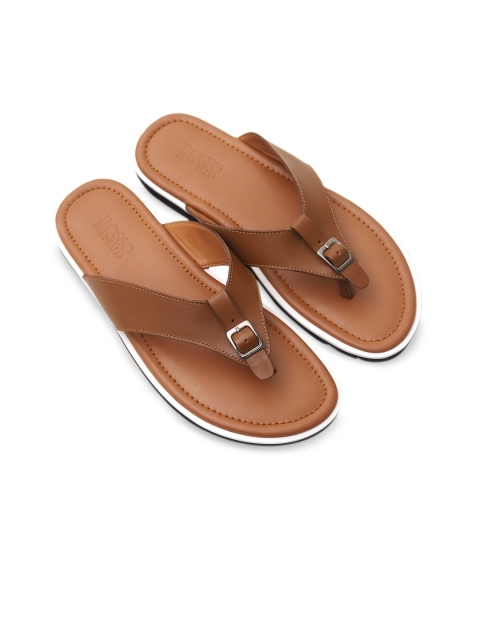 

Rosso Brunello Men Tan Brown & White Solid Buckled Genuine Leather Sandals