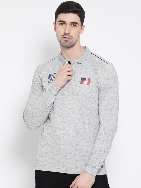 

METTLE Men Grey Printed Polo Collar T-shirt, Grey melange