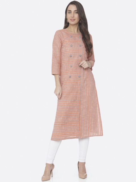 

RAISIN Women Peach-Coloured & Grey Striped Straight Kurta