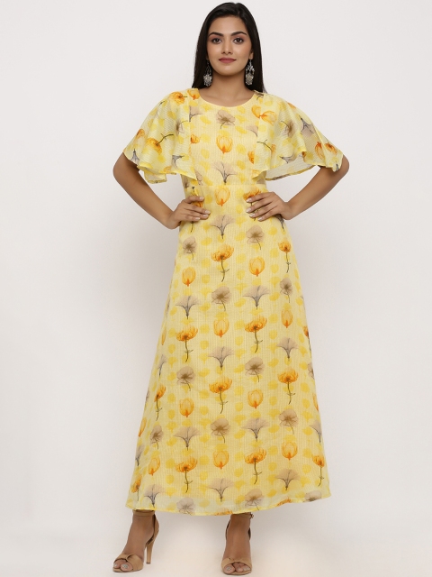 

BUYCLARA Women Yellow & Grey Floral Printed Maxi Dress