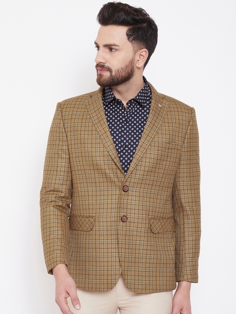 

Canary London Men Brown Checked Single-Breasted Slim-Fit Blazer