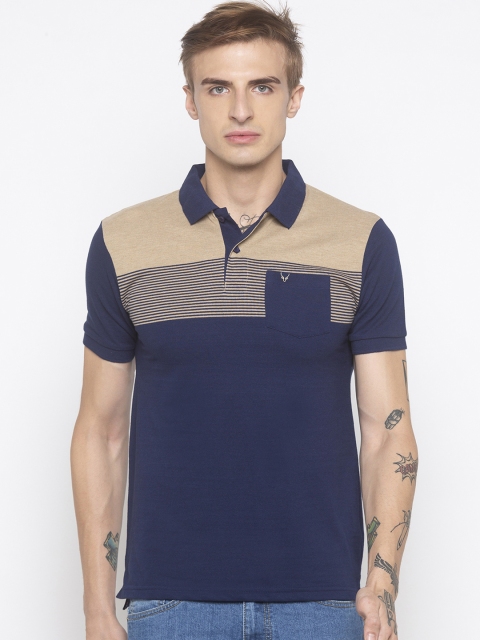 

Globus Men Navy Blue & Beige Striped Slim Fit Polo Collar T-shirt