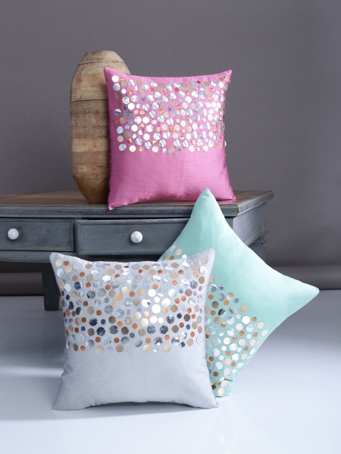 

Alina decor Set of 3 Embellished Square Cushion Covers, Pink