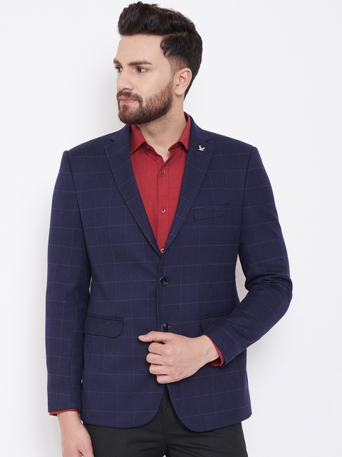 

Canary London Men Navy Blue Checked Single-Breasted Slim-Fit Blazer