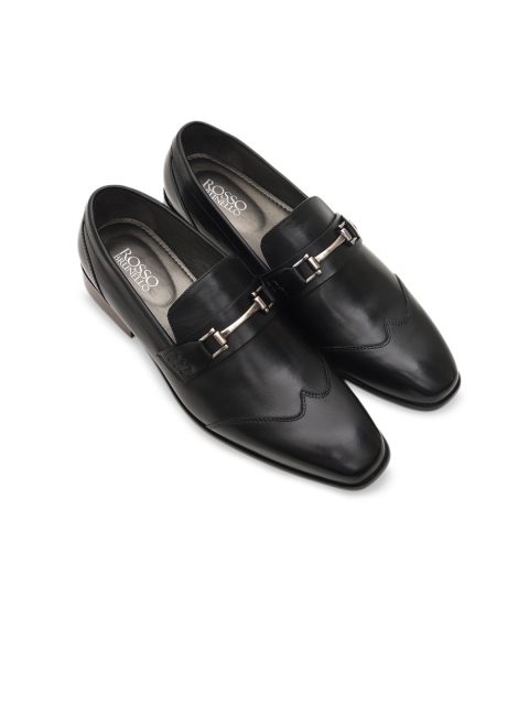 

Rosso Brunello Men Black Solid Leather Formal Horsebit Loafers