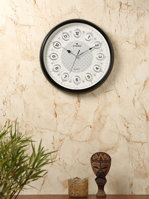 

ZANIBO White & Black Round Printed Analogue Wall Clock