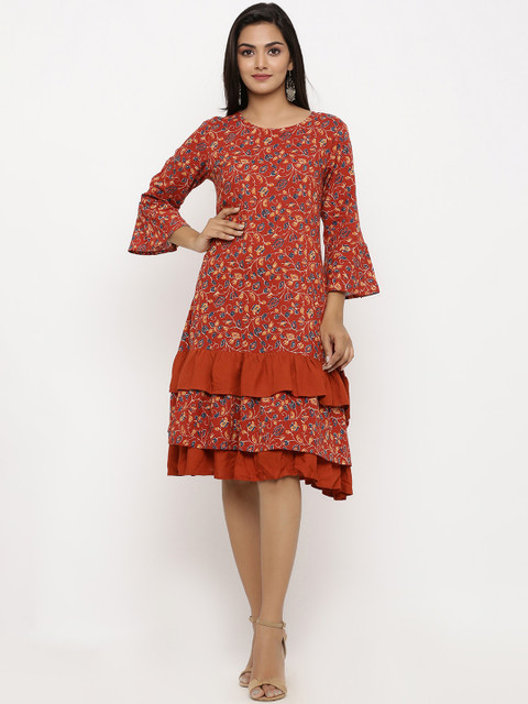 

BUYCLARA Women Rust Red & Blue Printed Layered A-Line Dress