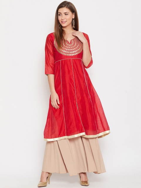 

AASK Women Red & Gold-Toned Yoke Design Embroidered A-Line Kurta