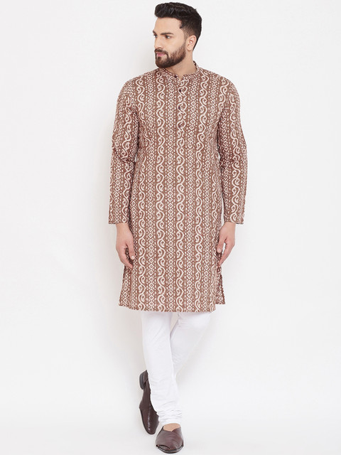 

even Men Brown & Off-White Printed Straight Kurta