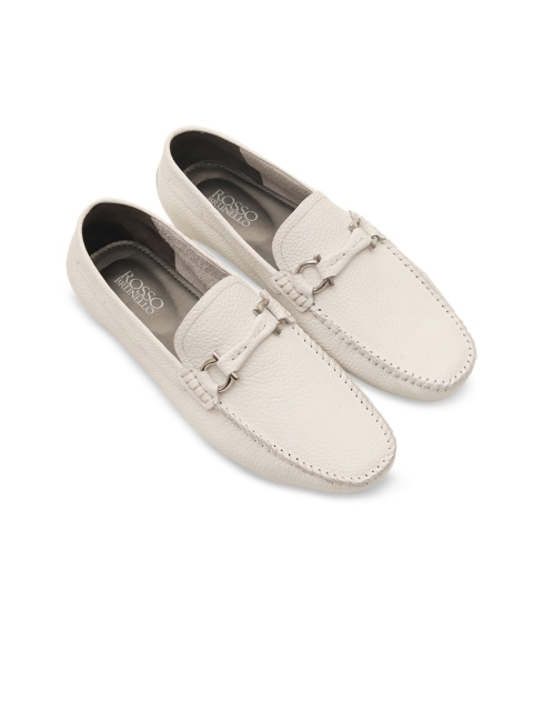 Rosso Brunello Men White Solid Leather Casual Horsebit Loafers