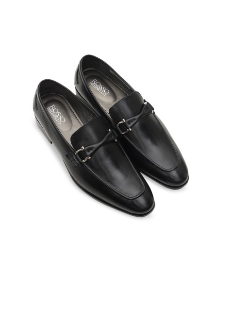 

Rosso Brunello Men Black Solid Leather Formal Horsebit Loafers