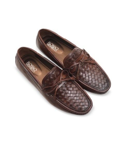 

Rosso Brunello Men Brown Woven Design Genuine Leather Driving Loafers