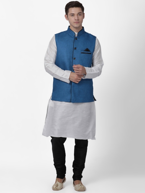 TABARD Men Blue & Silver Solid Kurta with Churidar